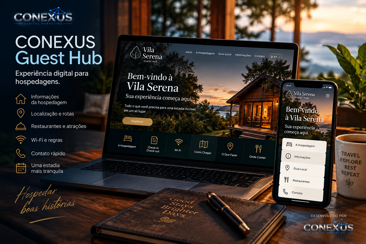 CONEXUS Guest Hub, guia digital para pousadas, cabanas, hotéis e hospedagens