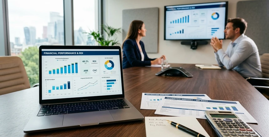 Painel financeiro com gráficos de crescimento e métricas de retorno sobre investimento digital